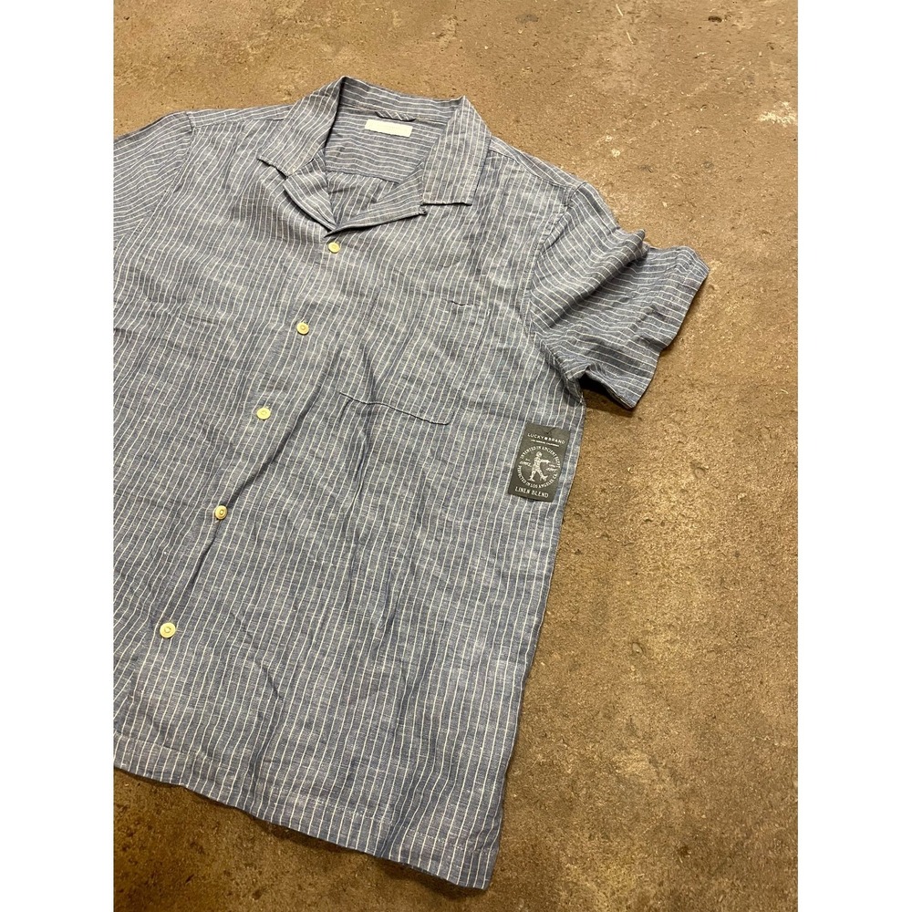 Lucky Brand Shirt Mens XL Blue Striped Linen Short Sleeve Camp Collar Casual - Picture 3 of 16
